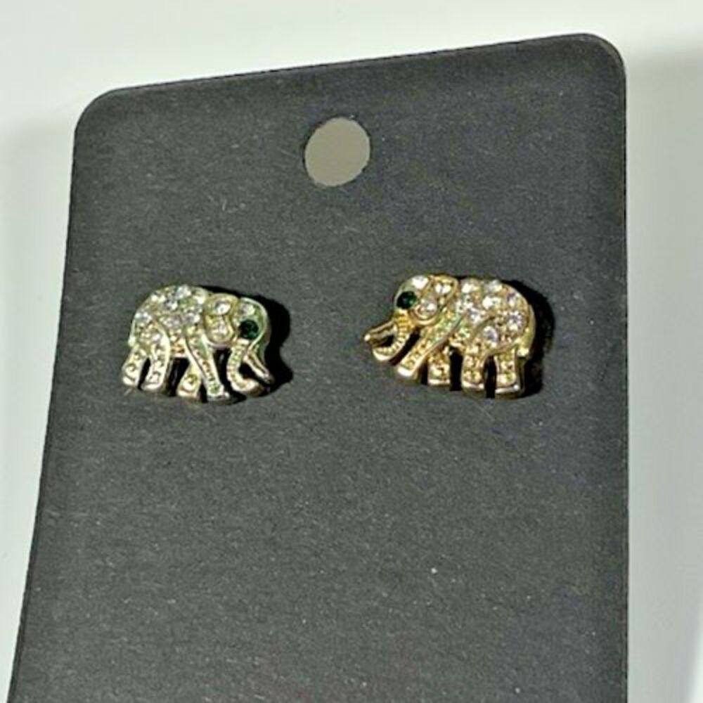 Vintage Elephant Earrings Gold Tone CZ with Green Rhinestone Eyes Studs Animals